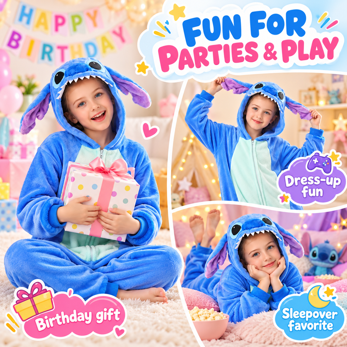 Kids blue zip-up animal onesie pajamas - birthday parties and dress-up occasions