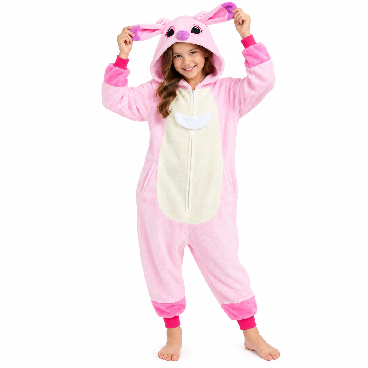 Kids pink zip-up animal onesie pajamas - front view with hood and zipper