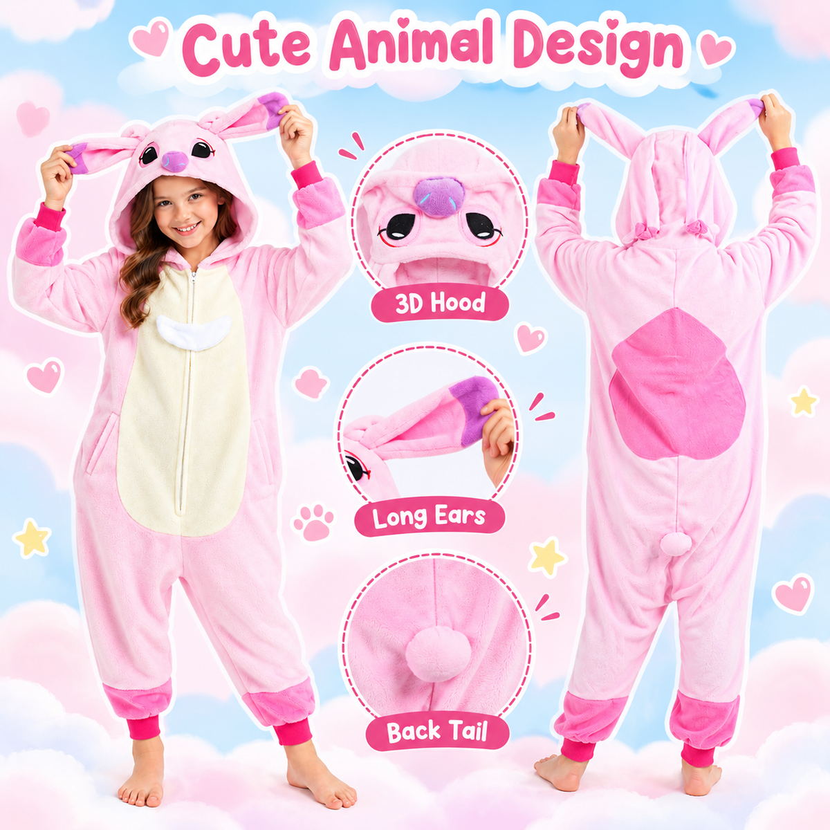 Kids pink zip-up animal onesie pajamas - animal hood, tail and relaxed fit