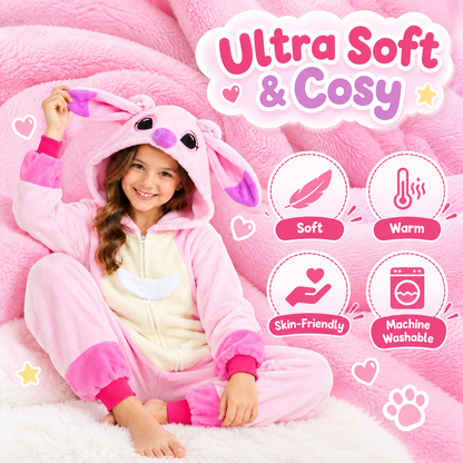 Kids pink zip-up animal onesie pajamas - soft fleece fabric and lounging comfort