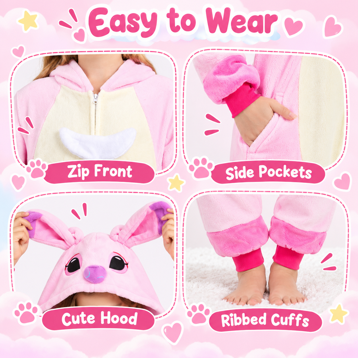 Kids pink zip-up animal onesie pajamas - front zipper, pockets and cuffs