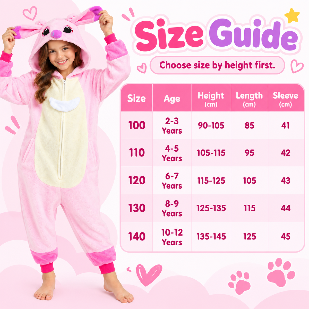 Kids pink zip-up animal onesie pajamas - size guide for ages 2 to 12