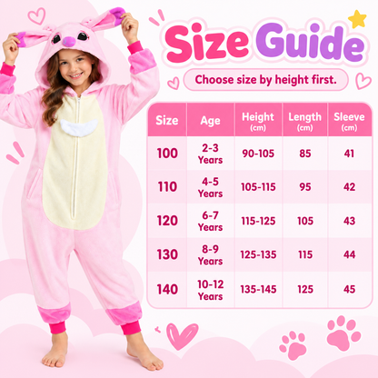 Kids pink zip-up animal onesie pajamas - size guide for ages 2 to 12