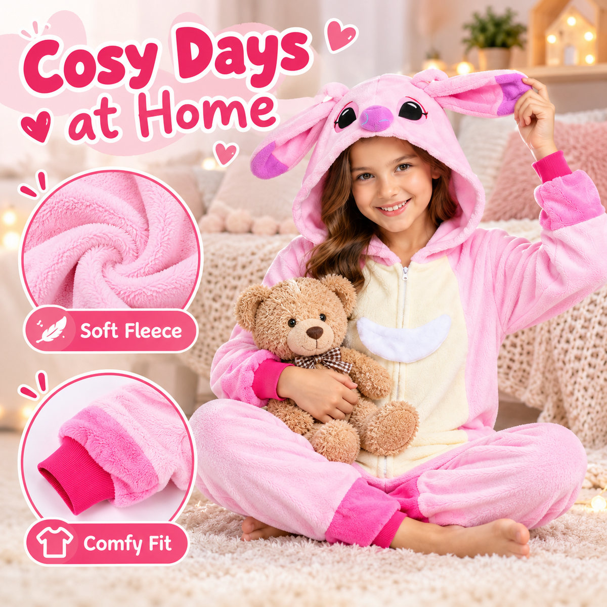 Kids pink zip-up animal onesie pajamas - at-home lounging and movie nights