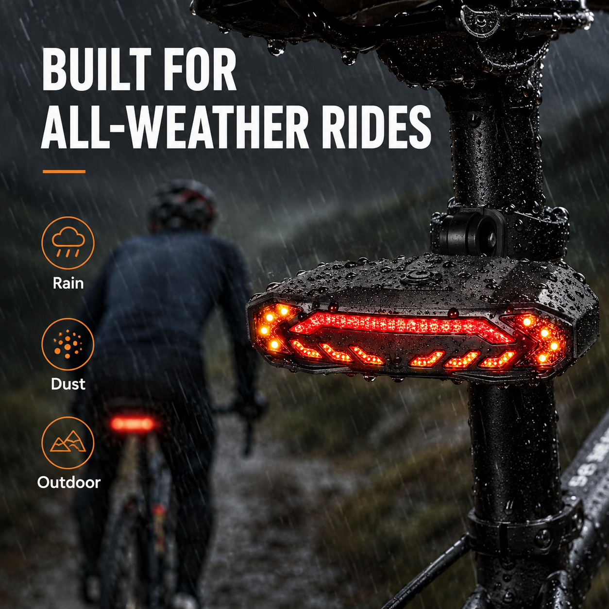 Weather resistant smart rear bike light for commuting